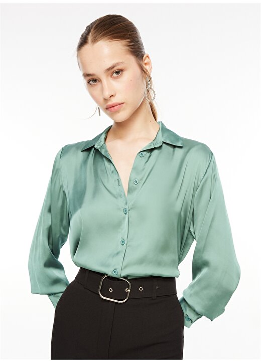 Selen Gömlek Yaka Düz Yeşil Kadın Bluz 23KSL8674 2
