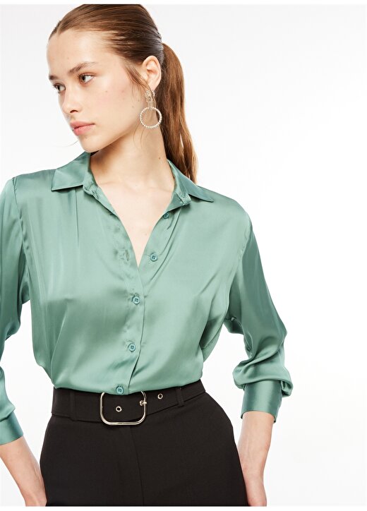 Selen Gömlek Yaka Düz Yeşil Kadın Bluz 23KSL8674 4
