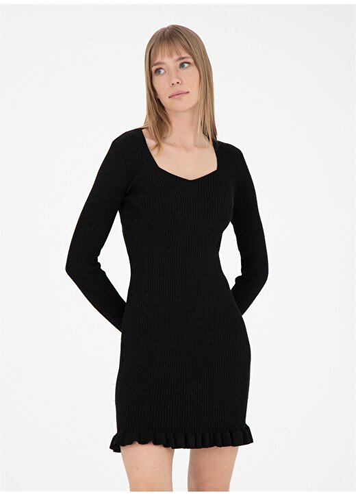 Pierre Cardin Kalp Yaka Düz Örgü Desenli Siyah Mini Kadın Elbise CELSO-E 3