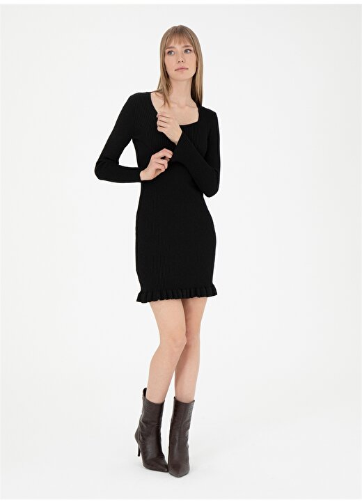 Pierre Cardin Kalp Yaka Düz Örgü Desenli Siyah Mini Kadın Elbise CELSO-E 4