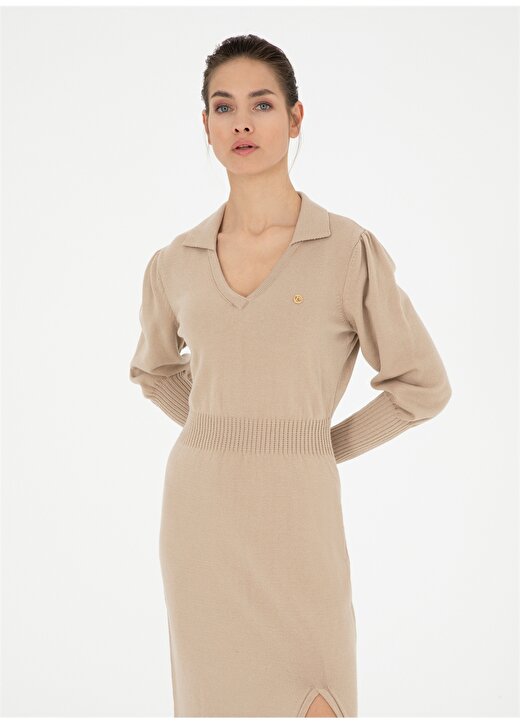 Pierre Cardin V Yaka Düz Bej Uzun Kadın Elbise FIOR-E 4
