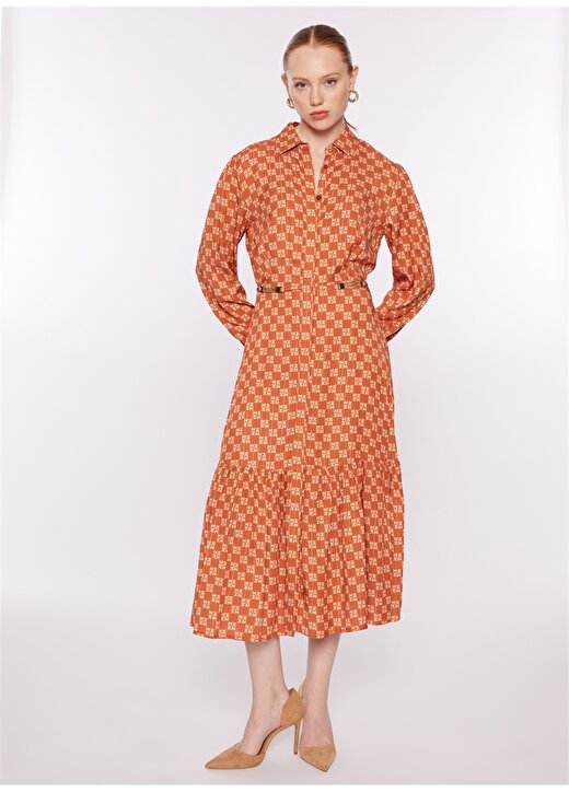 Pierre Cardin Gömlek Yaka Geometrik Desenli Kırmızı Uzun Kadın Elbise EKAY 2