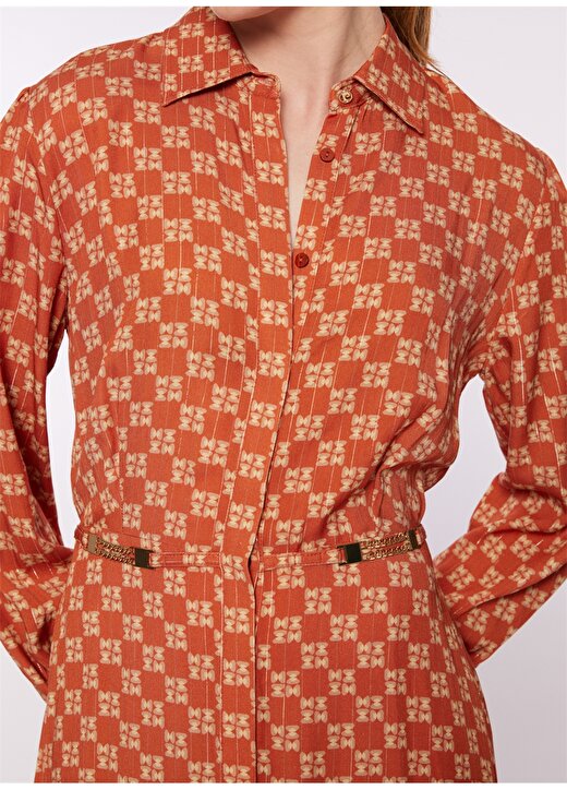 Pierre Cardin Gömlek Yaka Geometrik Desenli Kırmızı Uzun Kadın Elbise EKAY 4