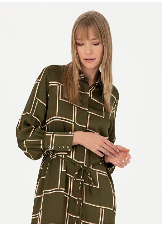 Pierre Cardin Gömlek Yaka Geometrik Desenli Kahve Uzun Kadın Elbise DAZY 4