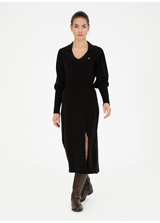Pierre Cardin V Yaka Düz Siyah Uzun Kadın Elbise FIOR-E 1