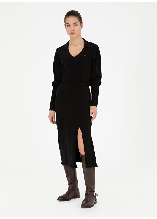 Pierre Cardin V Yaka Düz Siyah Uzun Kadın Elbise FIOR-E 3