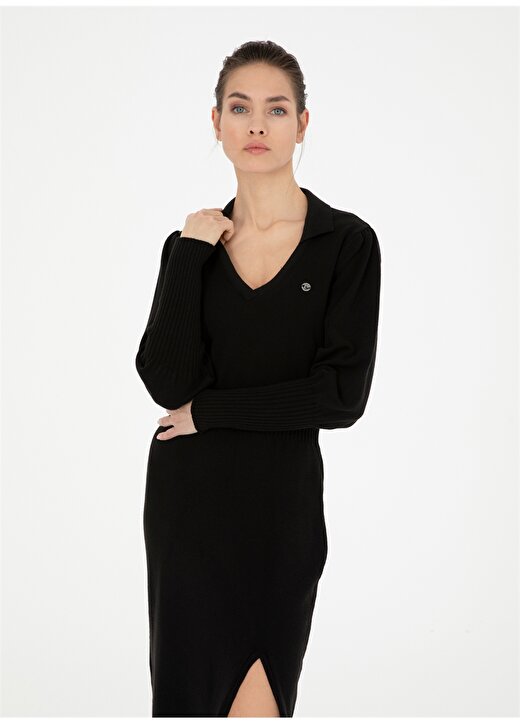 Pierre Cardin V Yaka Düz Siyah Uzun Kadın Elbise FIOR-E 4