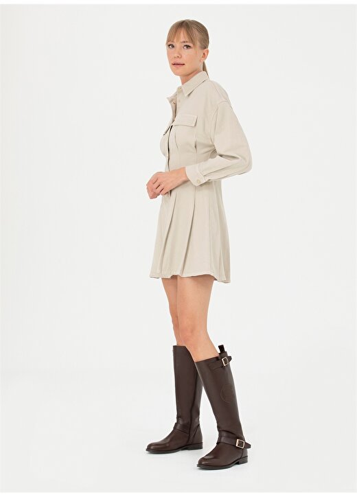 Pierre Cardin Gömlek Yaka Düz Bej Mini Kadın Elbise TUFFALO-E 2