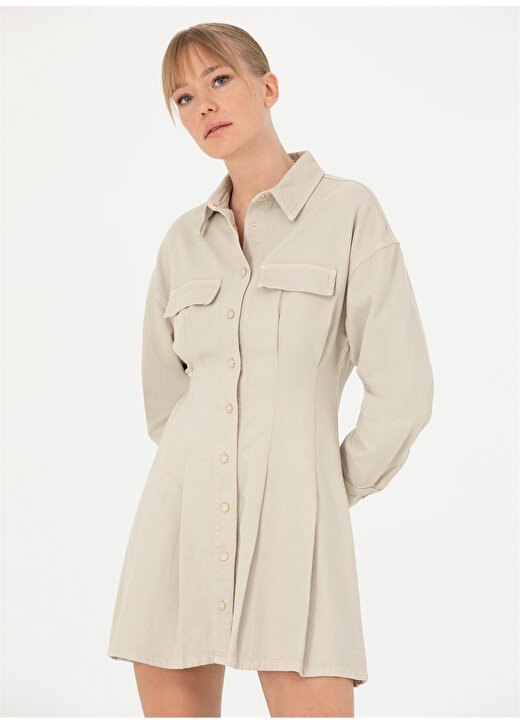 Pierre Cardin Gömlek Yaka Düz Bej Mini Kadın Elbise TUFFALO-E 3