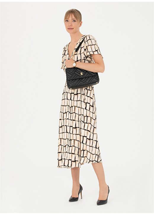 Pierre Cardin V Yaka Geometrik Desenli Siyah Diz Altı Kadın Elbise VALER 3