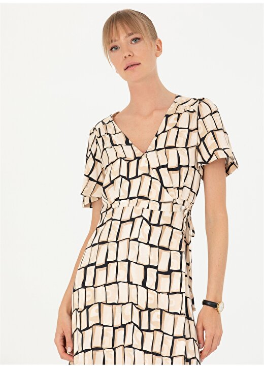Pierre Cardin V Yaka Geometrik Desenli Siyah Diz Altı Kadın Elbise VALER 4