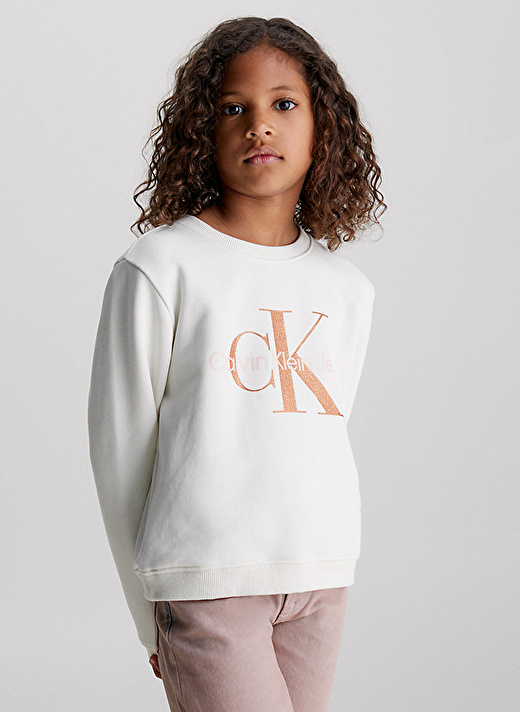 Calvin Klein Beyaz Kız Çocuk Bisiklet Yaka Baskılı Sweatshirt IG0IG02207YBI 1