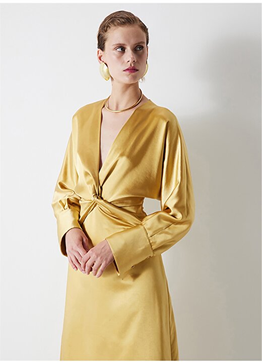 İpekyol V Yaka Sarı Midi Kadın Elbise IW6230002147265 4
