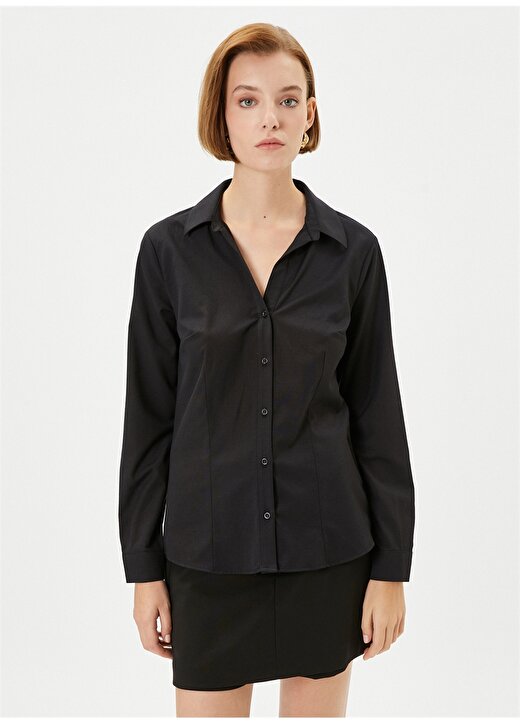 Koton Normal Gömlek Yaka Düz Siyah Kadın Gömlek 4WAK60454UW 3