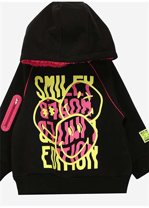 Never Say Never Kız Çocuk Siyah Kapüşonlu Oversize Düz SMİLEY WORLD Sweatshirt 3