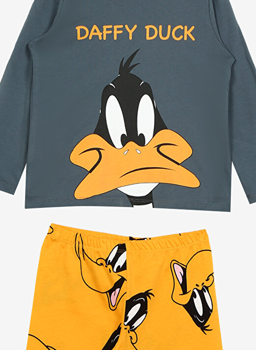 Never Say Never Erkek Çocuk Gri - Turuncu Bisiklet Yaka Regular Fit Baskılı LOONEY TUNES-DUFY DUCK Pijama Takımı 3