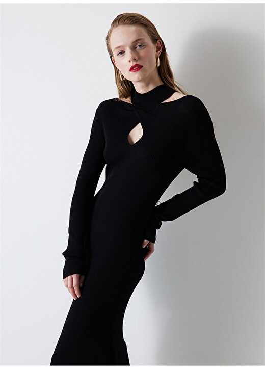 İpekyol Dik Yaka Siyah Midi Kadın Elbise IW6230002163001 4