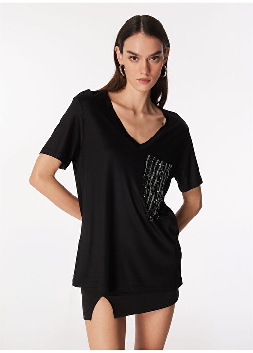 Fabrika Comfort V Yaka Taşlı Siyah Kadın T-Shirt FC4SL-TST0762 1
