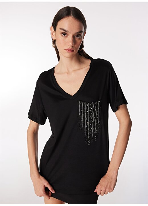 Fabrika Comfort V Yaka Taşlı Siyah Kadın T-Shirt FC4SL-TST0762 3