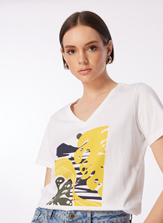 Fabrika Beyaz Kadın V Yaka Basic T-Shirt F4SL-TST0719 3