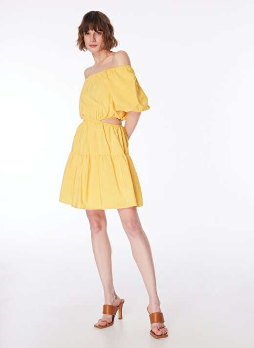 Fabrika Straplez Yaka Düz Sarı Diz Üstü Kadın Elbise F4SL-ELB0832 1