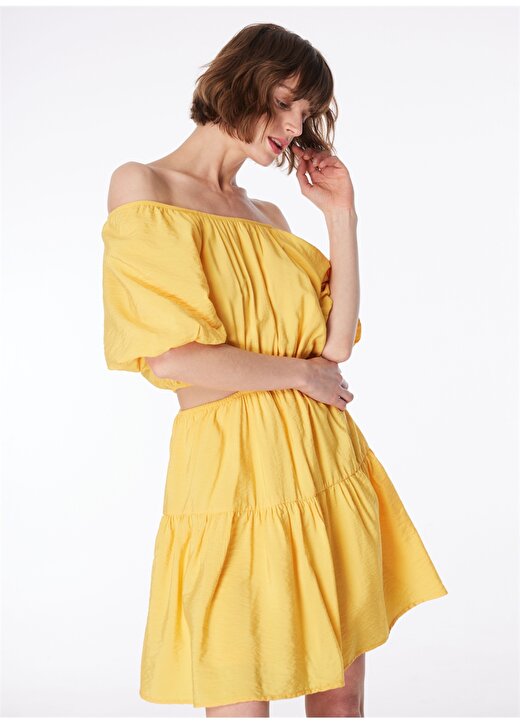 Fabrika Straplez Yaka Düz Sarı Diz Üstü Kadın Elbise F4SL-ELB0832 2