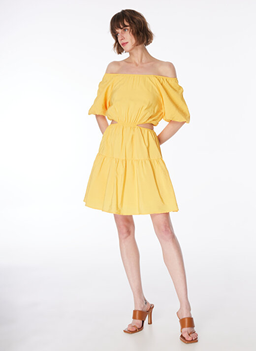 Fabrika Straplez Yaka Düz Sarı Diz Üstü Kadın Elbise F4SL-ELB0832 3