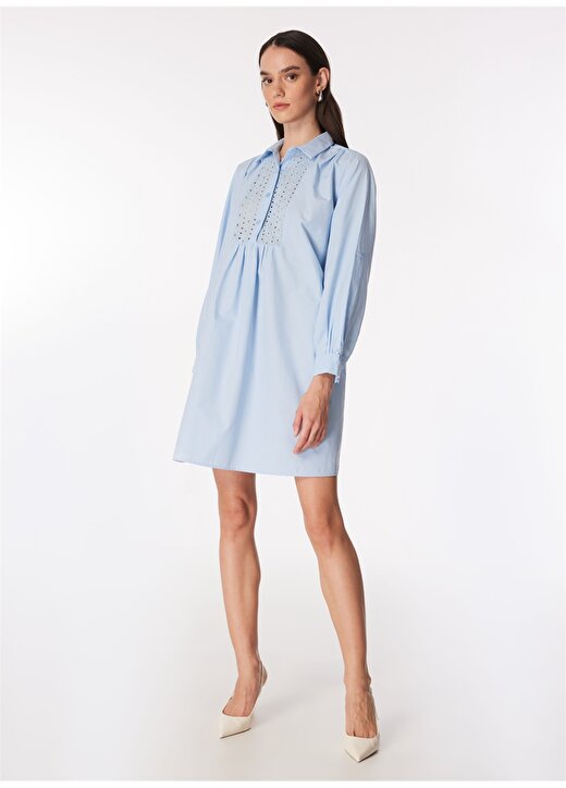 Fabrika Gömlek Yaka Düz Mavi Mini Kadın Elbise F4SL-ELB0816 2