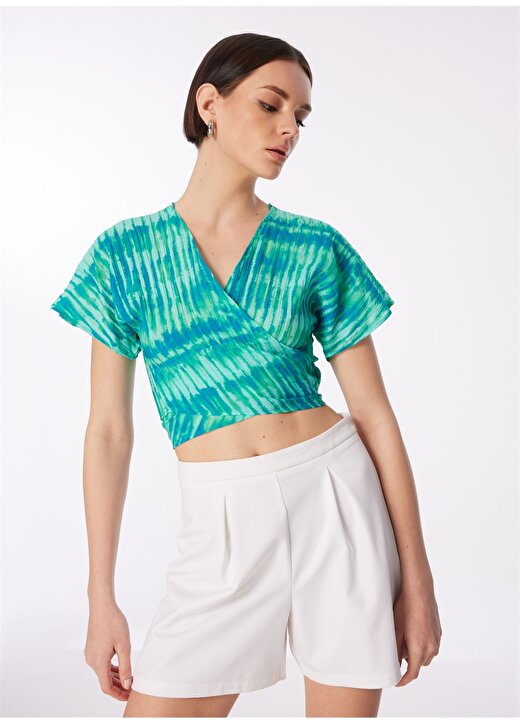 Fabrika Yeşil - Çok Renkli Kadın V Yaka Crop Bluz F4SL-BLZ0836 4