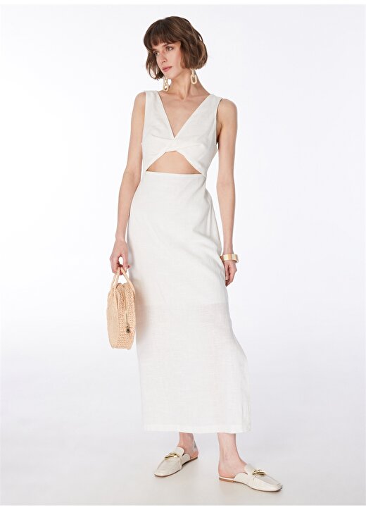 Fabrika V Yaka Düz Beyaz Midi Kadın Elbise F4SL-ELB0839 1