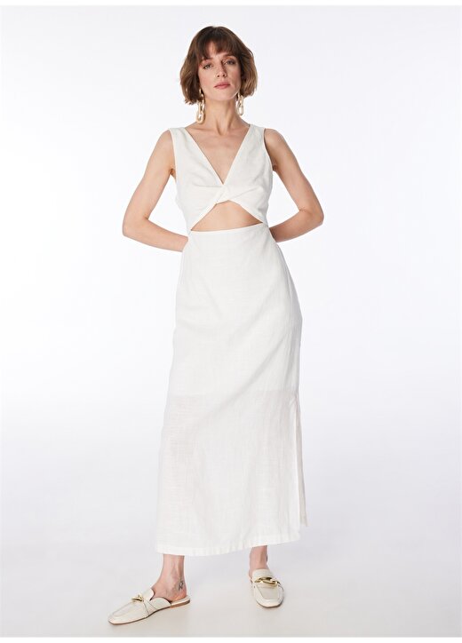 Fabrika V Yaka Düz Beyaz Midi Kadın Elbise F4SL-ELB0839 2