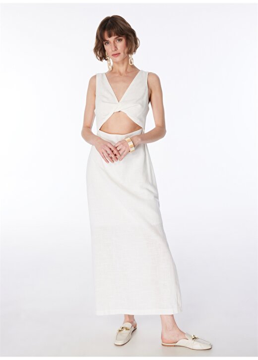 Fabrika V Yaka Düz Beyaz Midi Kadın Elbise F4SL-ELB0839 3