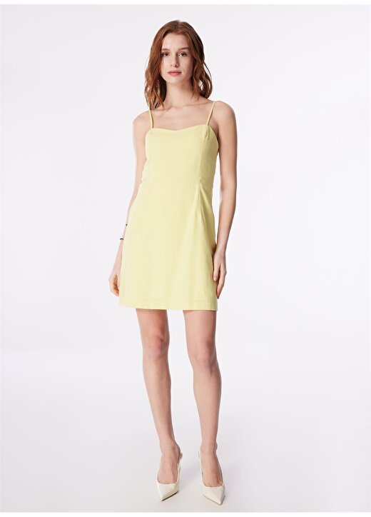 Fabrika Sarı Kadın Kalp Yaka Mini Basic Keten Elbise F4SL-ELB0842 1