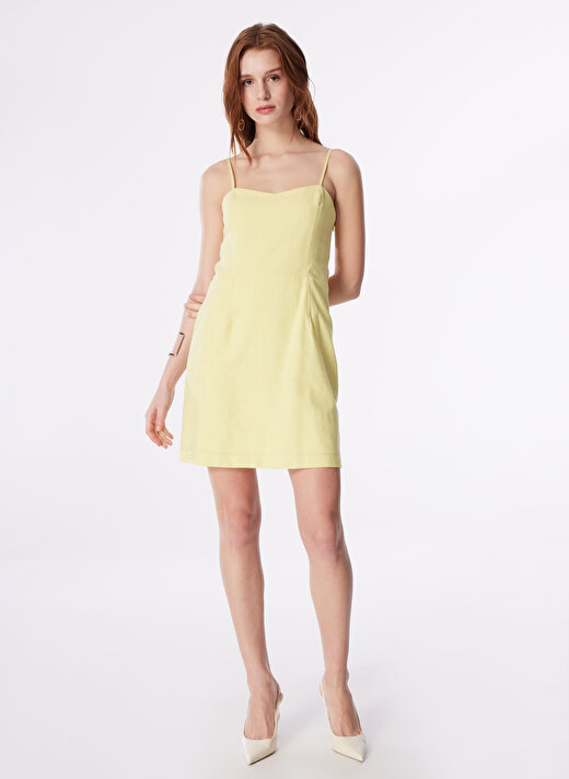 Fabrika Sarı Kadın Kalp Yaka Mini Basic Keten Elbise F4SL-ELB0842  2