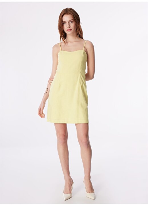 Fabrika Sarı Kadın Kalp Yaka Mini Basic Keten Elbise F4SL-ELB0842 2