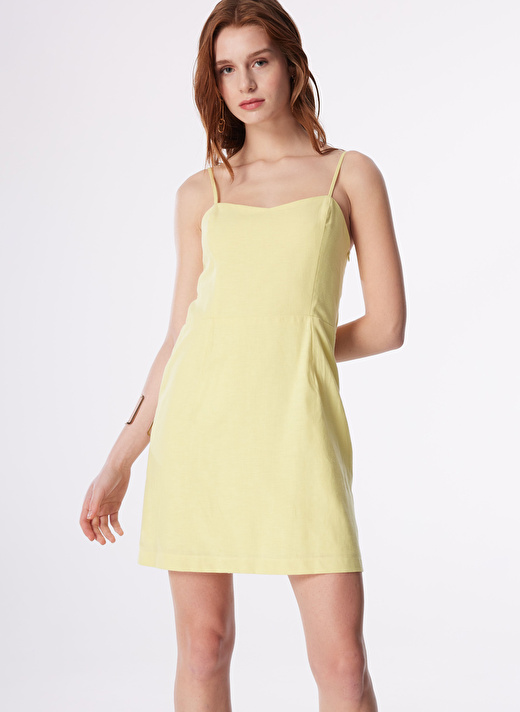 Fabrika Sarı Kadın Kalp Yaka Mini Basic Keten Elbise F4SL-ELB0842  3