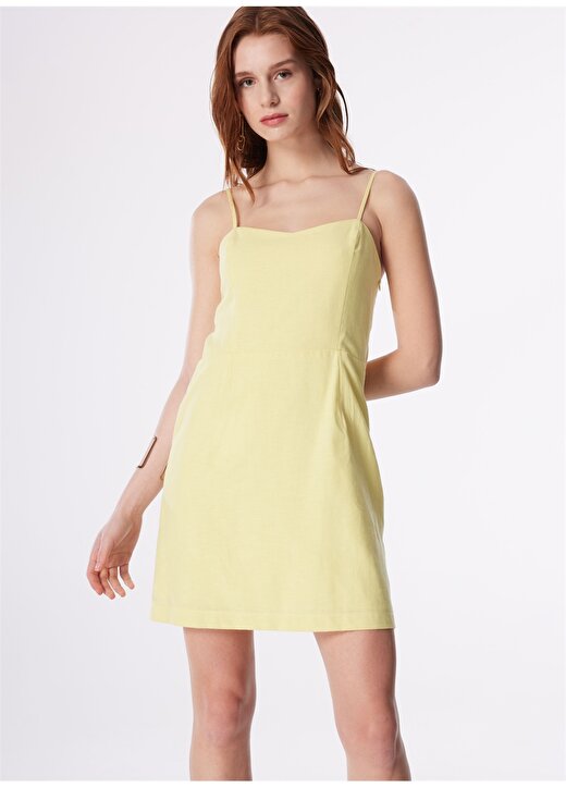 Fabrika Sarı Kadın Kalp Yaka Mini Basic Keten Elbise F4SL-ELB0842 3