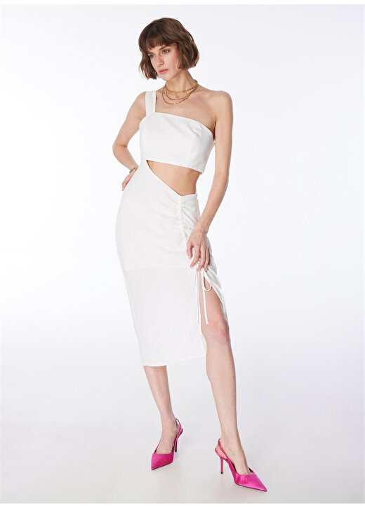 Fabrika V Yaka Düz Beyaz Midi Kadın Elbise F4SL-ELB0845 1