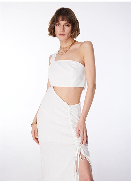 Fabrika V Yaka Düz Beyaz Midi Kadın Elbise F4SL-ELB0845 2