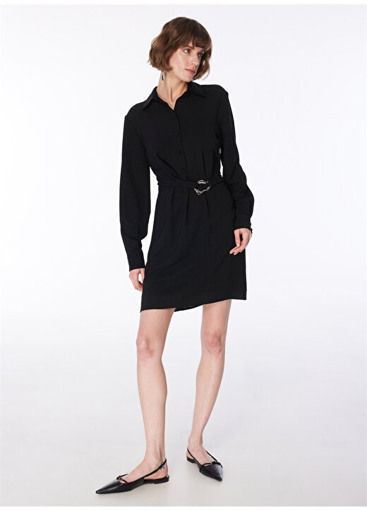 Fabrika Gömlek Yaka Düz Siyah Mini Kadın Elbise F4SL-ELB0858 2