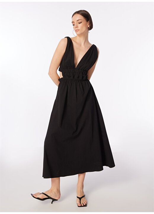 Fabrika Siyah Kadın V Yaka A-Form Fit Elbise F4SL-ELB0692 2