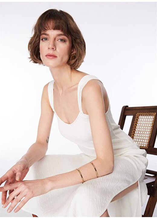 Fabrika U Yaka Crinkle Beyaz Midi Kadın Elbise F4SL-ELB0127 1
