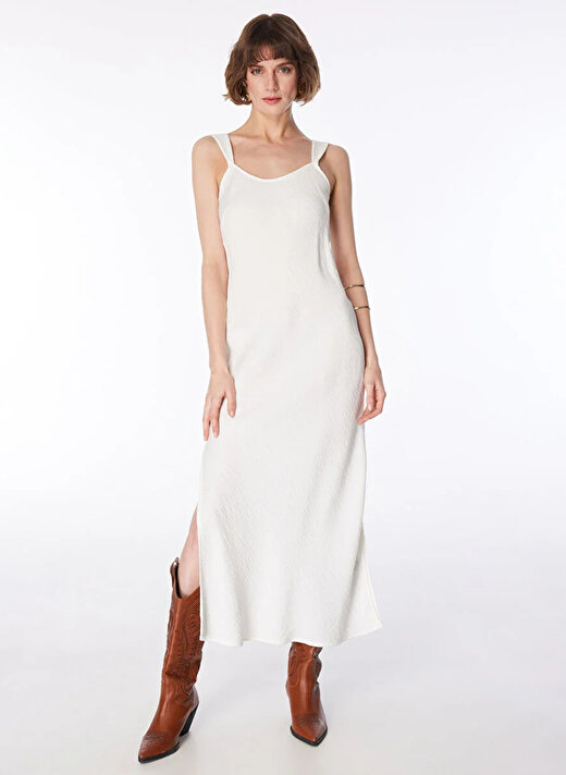 Fabrika U Yaka Crinkle Beyaz Midi Kadın Elbise F4SL-ELB0127 4