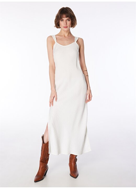 Fabrika U Yaka Crinkle Beyaz Midi Kadın Elbise F4SL-ELB0127 4