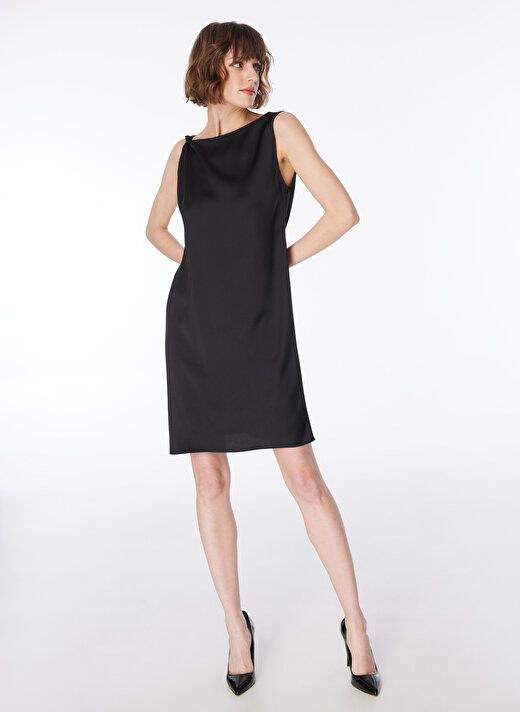Fabrika Kayık Yaka Düz Siyah Mini Kadın Elbise F4SL-ELB0620 1