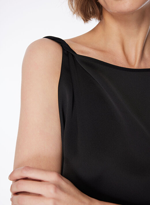 Fabrika Kayık Yaka Düz Siyah Mini Kadın Elbise F4SL-ELB0620 4