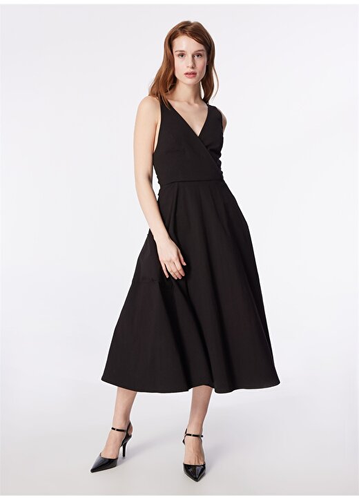 Fabrika Siyah Kadın V Yaka Elbise F4SL-ELB0126 2