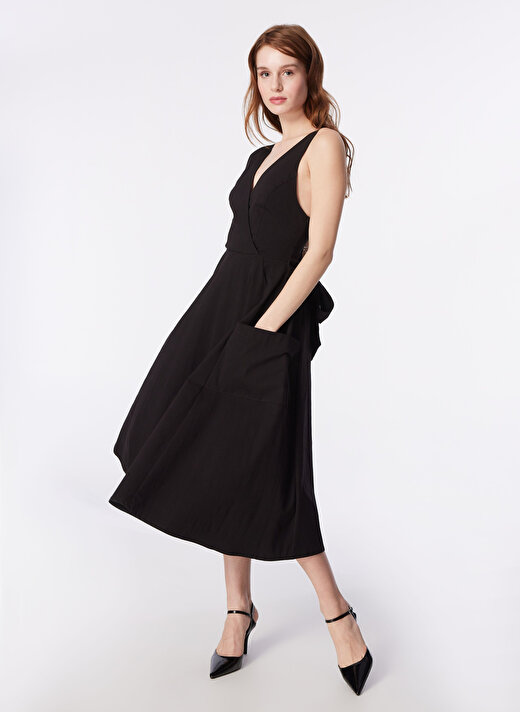 Fabrika Siyah Kadın V Yaka Elbise F4SL-ELB0126  3
