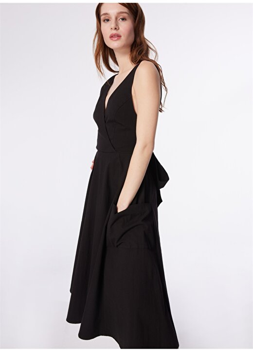 Fabrika Siyah Kadın V Yaka Elbise F4SL-ELB0126 4