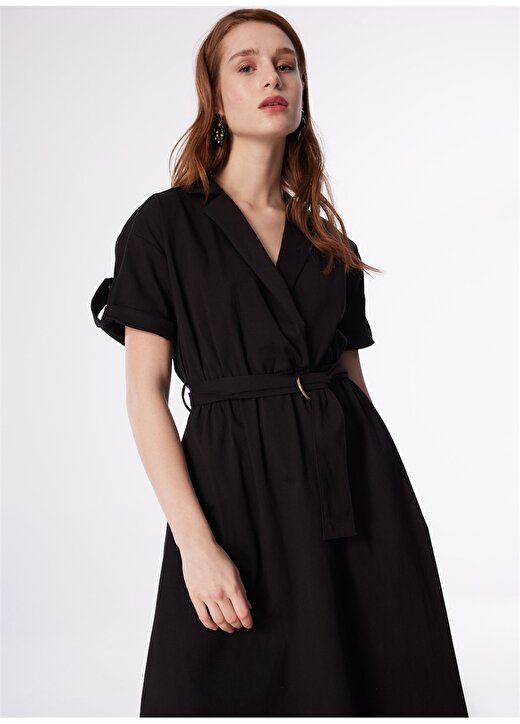 Fabrika Comfort Siyah Kadın Kruvaze Yaka Basic Elbise FC4SL-ELB0425 2
